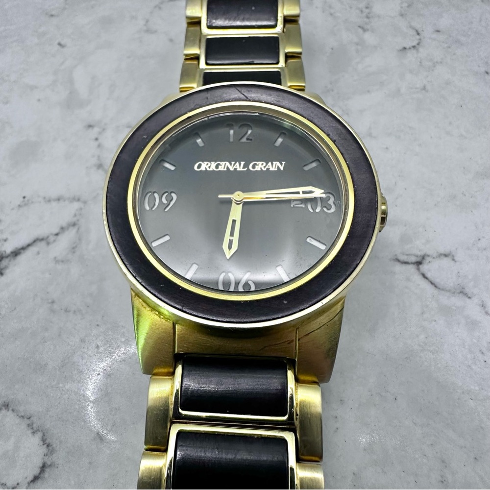 Original Grain Wood and Gold Colored Stainless Steel Mens Watch Analog